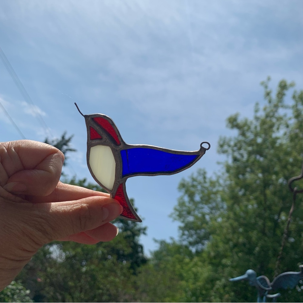 Stained Glass Bird Ornament - Red, Blue, White